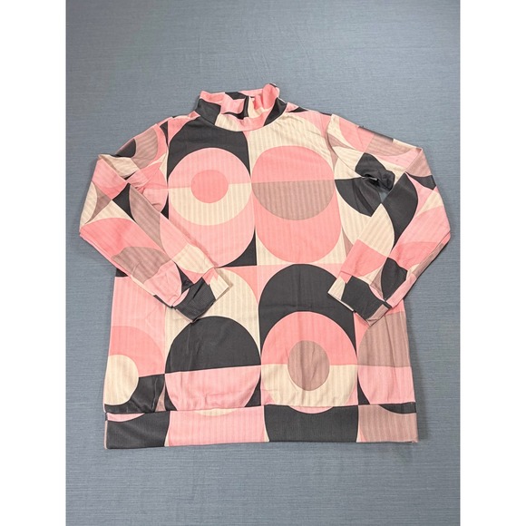 Tops - Pink Geometric Circle Print Mock Neck Ribbed Long Sleeve Top Large Retro Mod